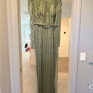 Olive Green Long Sleeve Sequined Evening Gown